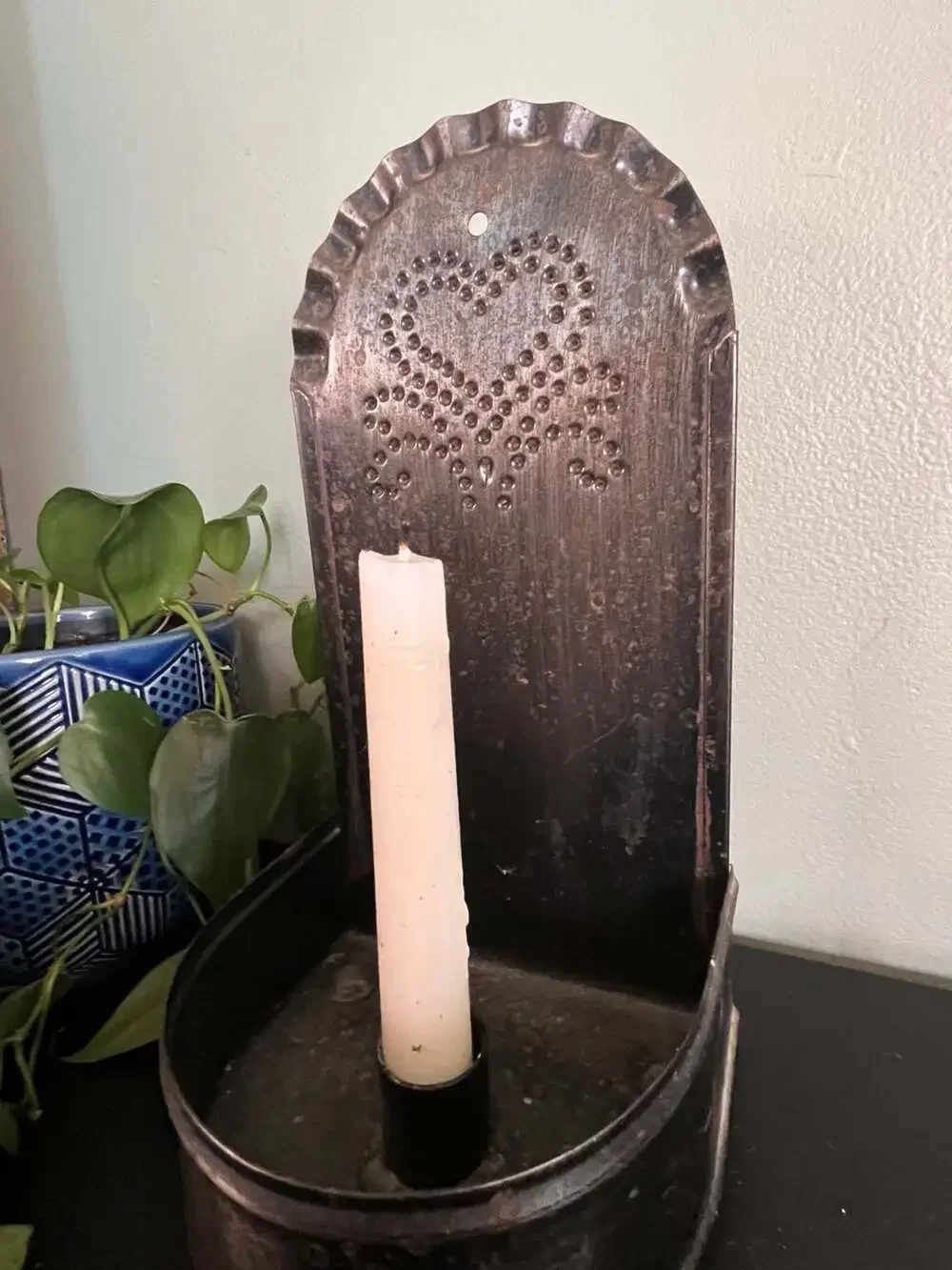 Primitive Punched Tin Heart Wall Sconce Candle Holder - Picture 4 of 6